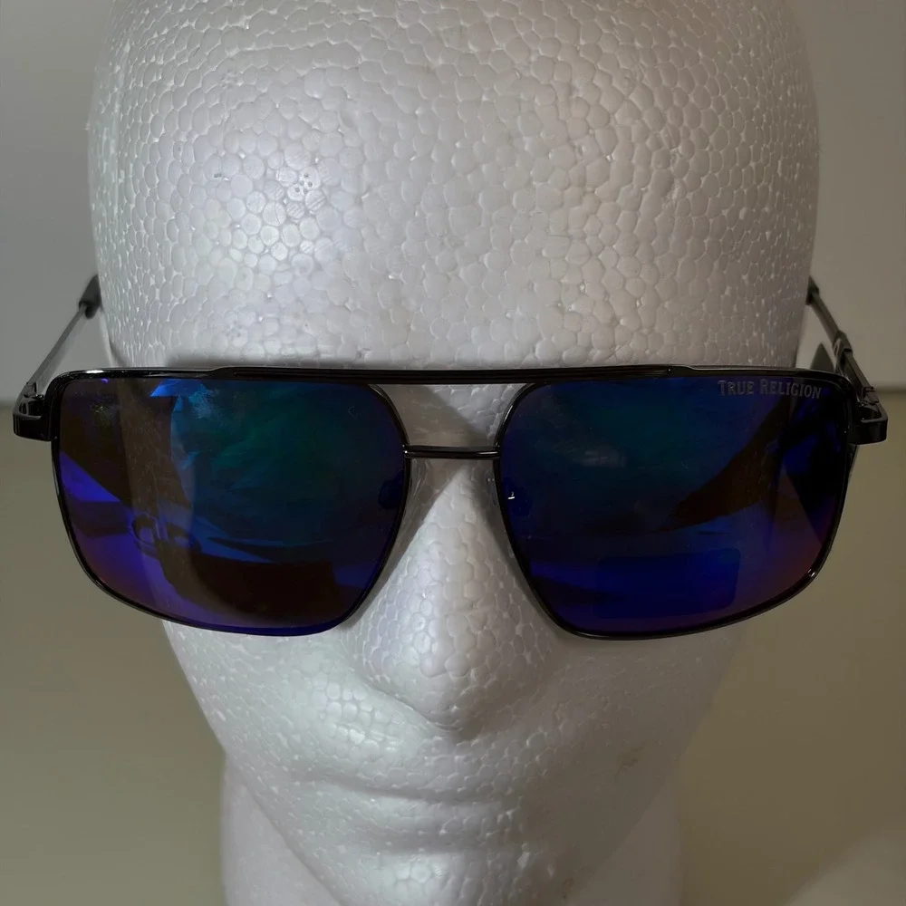 True Religion Unisex Gunmetal Aviator Sunglasses Blue Mirror UV400 TRM1881 NWT